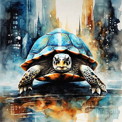Reptiles Drawings - Turtle in a Futuristic Fantasy Metropolis by Adrien Efren