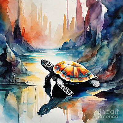 Reptiles Drawings - Turtle in a Futuristic Fantasy Wilderness by Adrien Efren