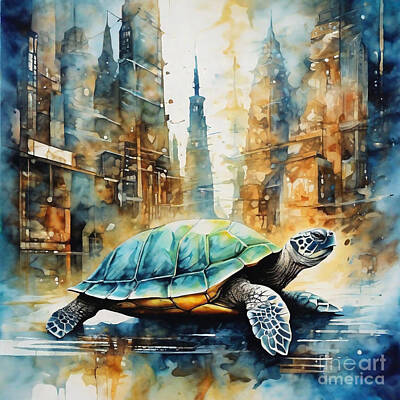 Reptiles Drawings - Turtle in a Futuristic Mythical City by Adrien Efren