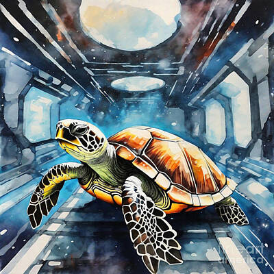 Reptiles Drawings - Turtle in a Futuristic Space Station by Adrien Efren
