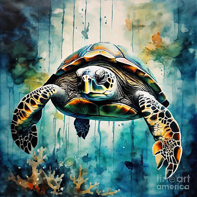 Reptiles Drawings Royalty Free Images - Turtle in a Futuristic Underwater Base Royalty-Free Image by Adrien Efren