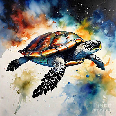 Reptiles Drawings - Turtle in a Galactic Battle by Adrien Efren
