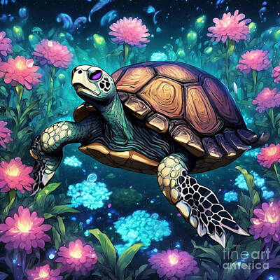Reptiles Drawings - Turtle in a Garden of Bioluminescent Flowers by Adrien Efren