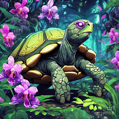 Reptiles Drawings - Turtle in a Garden of Exotic Orchids by Adrien Efren