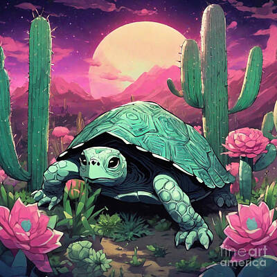 Reptiles Drawings - Turtle in a Garden of Giant Cacti by Adrien Efren