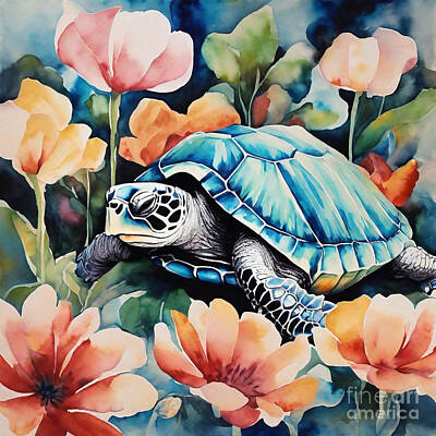 Reptiles Drawings - Turtle in a Garden of Giant Flowers by Adrien Efren