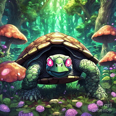 Reptiles Drawings - Turtle in a Garden of Giant Fungi by Adrien Efren
