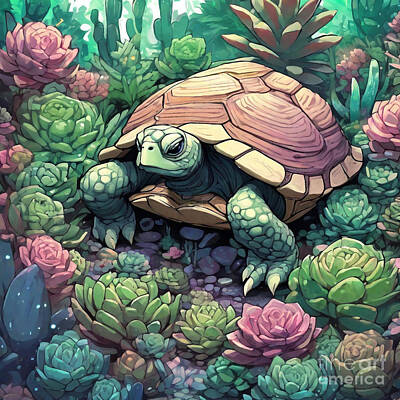 Reptiles Drawings - Turtle in a Garden of Giant Succulents by Adrien Efren