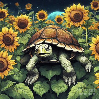 Reptiles Drawings - Turtle in a Garden of Giant Sunflowers by Adrien Efren