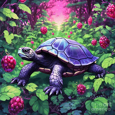 Reptiles Drawings - Turtle in a Garden of Oversized Berries by Adrien Efren