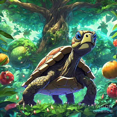 Reptiles Drawings - Turtle in a Garden of Oversized Fruit Trees by Adrien Efren