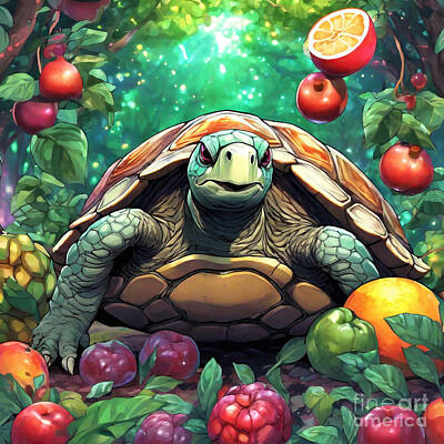 Reptiles Drawings - Turtle in a Garden of Oversized Fruits by Adrien Efren