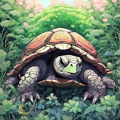 Reptiles Drawings - Turtle in a Garden of Oversized Grains by Adrien Efren