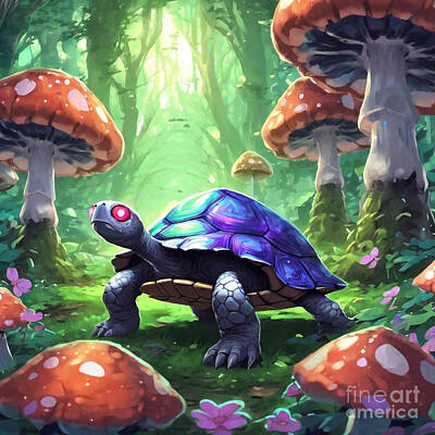 Reptiles Drawings - Turtle in a Garden of Oversized Mushrooms by Adrien Efren
