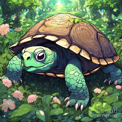 Reptiles Drawings - Turtle in a Garden of Oversized Nuts by Adrien Efren