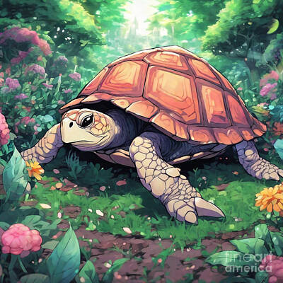 Reptiles Drawings - Turtle in a Garden of Oversized Spices by Adrien Efren