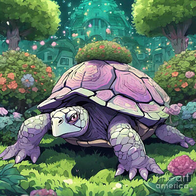 Reptiles Drawings - Turtle in a Garden of Whimsical Topiaries by Adrien Efren