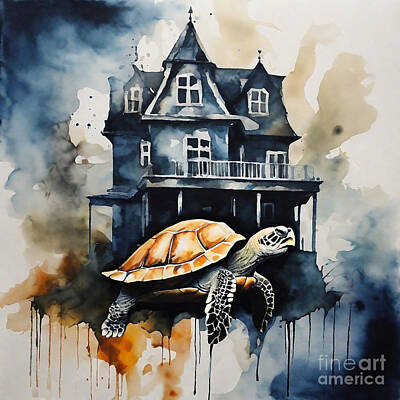 Reptiles Drawings - Turtle in a Haunted House by Adrien Efren