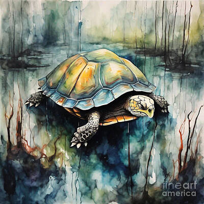 Reptiles Drawings Royalty Free Images - Turtle in a Haunted Swamp Royalty-Free Image by Adrien Efren