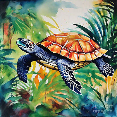 Reptiles Drawings - Turtle in a Jungle Adventure by Adrien Efren