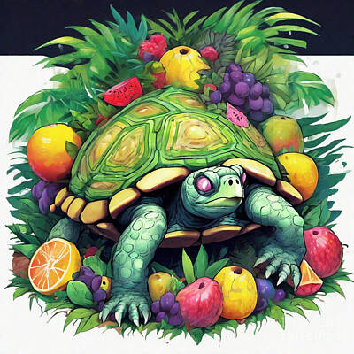 Reptiles Drawings - Turtle in a Jungle of Oversized Tropical Fruits by Adrien Efren