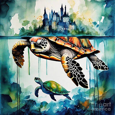 Reptiles Drawings Royalty Free Images - Turtle in a Magical Forest with Floating Islands Royalty-Free Image by Adrien Efren