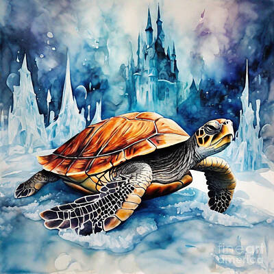 Reptiles Drawings - Turtle in a Magical Ice Kingdom by Adrien Efren