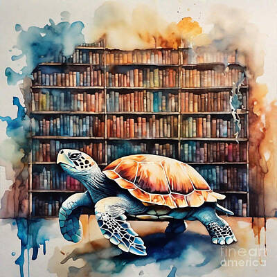 Reptiles Drawings - Turtle in a Magical Library by Adrien Efren