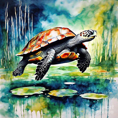 Reptiles Drawings - Turtle in a Magical Swamp by Adrien Efren