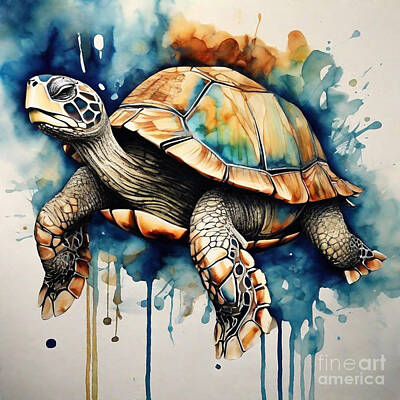 Reptiles Drawings - Turtle in a Mechanical Wonderland by Adrien Efren