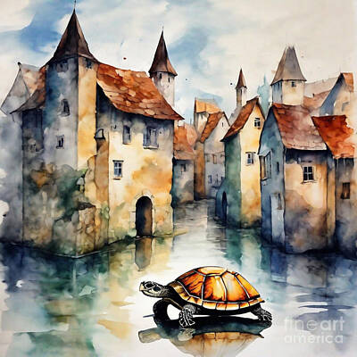 Reptiles Drawings - Turtle in a Medieval Village by Adrien Efren