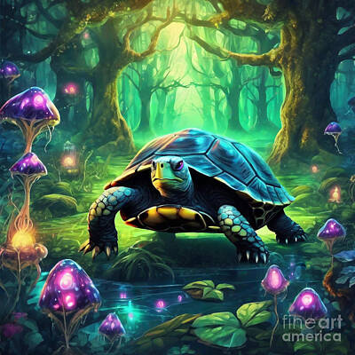 Reptiles Drawings - Turtle in a Mystical Forest with Enchanted Creatures by Adrien Efren