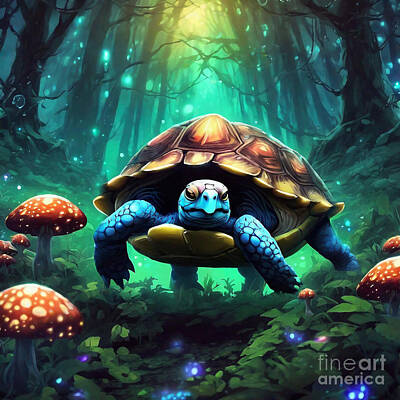Reptiles Drawings - Turtle in a Mystical Forest with Glowing Mushrooms by Adrien Efren