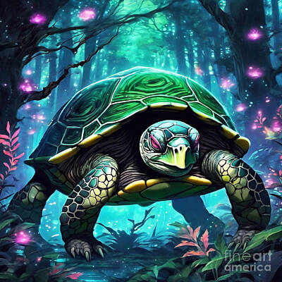 Reptiles Drawings - Turtle in a Mystical Forest with Secret Clearings by Adrien Efren