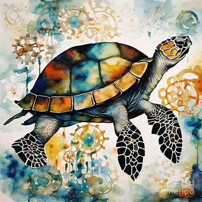 Reptiles Drawings - Turtle in a Mythical Clockwork Garden by Adrien Efren