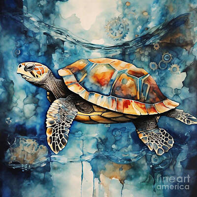 Reptiles Drawings - Turtle in a Mythical Clockwork Waterway by Adrien Efren