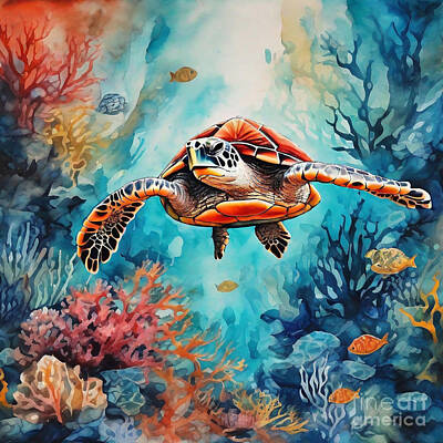 Reptiles Drawings Royalty Free Images - Turtle in a Mythical Coral Reef Royalty-Free Image by Adrien Efren
