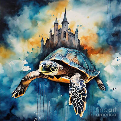 Reptiles Drawings Royalty Free Images - Turtle in a Mythical Sky Castle Royalty-Free Image by Adrien Efren