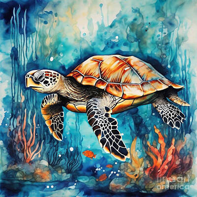 Reptiles Drawings Royalty Free Images - Turtle in a Mythical Underwater Kingdom Royalty-Free Image by Adrien Efren