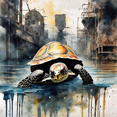Reptiles Drawings Royalty Free Images - Turtle in a Post-Apocalyptic Clockwork Waterway Royalty-Free Image by Adrien Efren