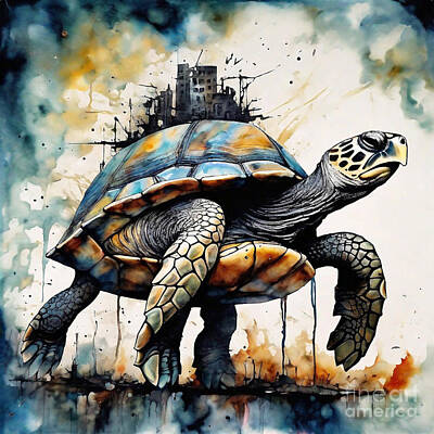 Reptiles Drawings Royalty Free Images - Turtle in a Post-Apocalyptic Clockwork Wilderness Royalty-Free Image by Adrien Efren