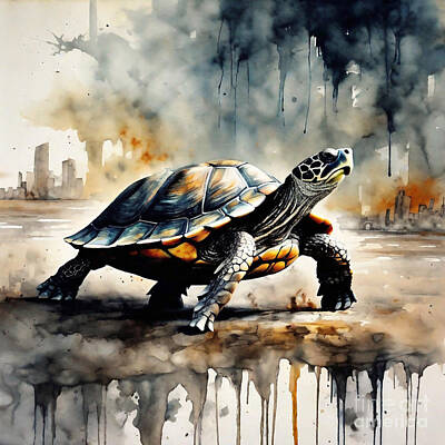 Reptiles Drawings Royalty Free Images - Turtle in a Post-Apocalyptic Dystopia Royalty-Free Image by Adrien Efren