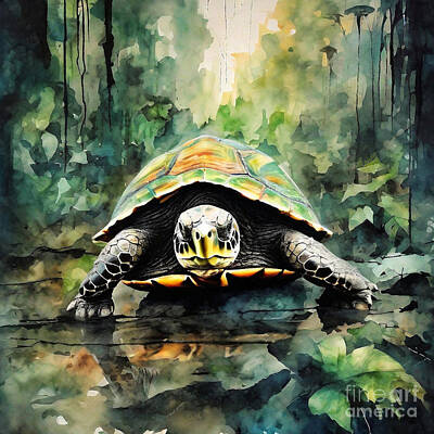 Reptiles Drawings Royalty Free Images - Turtle in a Post-Apocalyptic Jungle Royalty-Free Image by Adrien Efren