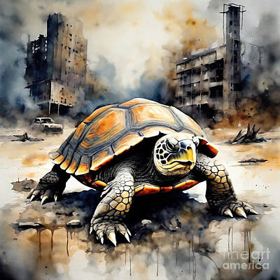 Reptiles Drawings Royalty Free Images - Turtle in a Post-Apocalyptic Wasteland Royalty-Free Image by Adrien Efren