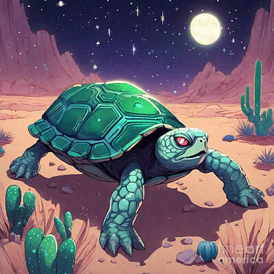 Reptiles Drawings - Turtle in a Starlit Desert with Cacti and Shooting Stars by Adrien Efren