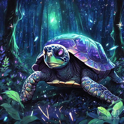 Reptiles Drawings - Turtle in a Starlit Forest with Shooting Stars by Adrien Efren