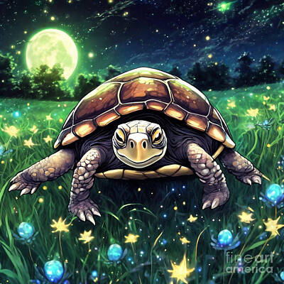 Reptiles Drawings - Turtle in a Starlit Meadow with Fireflies by Adrien Efren