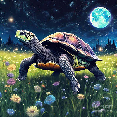 Reptiles Drawings - Turtle in a Starlit Meadow with Lunar Eclipse by Adrien Efren