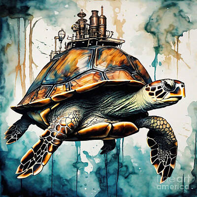 Steampunk Drawings - Turtle in a Steampunk World by Adrien Efren