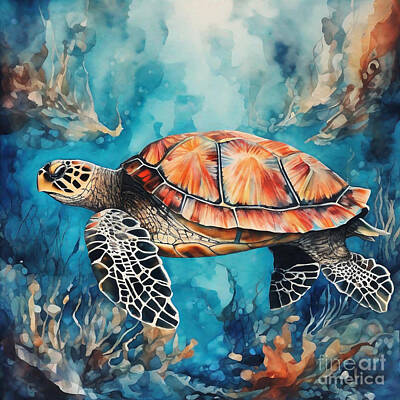 Best Sellers - Surrealism Drawings Rights Managed Images - Turtle in a Surreal Underwater Wonderland Royalty-Free Image by Adrien Efren
